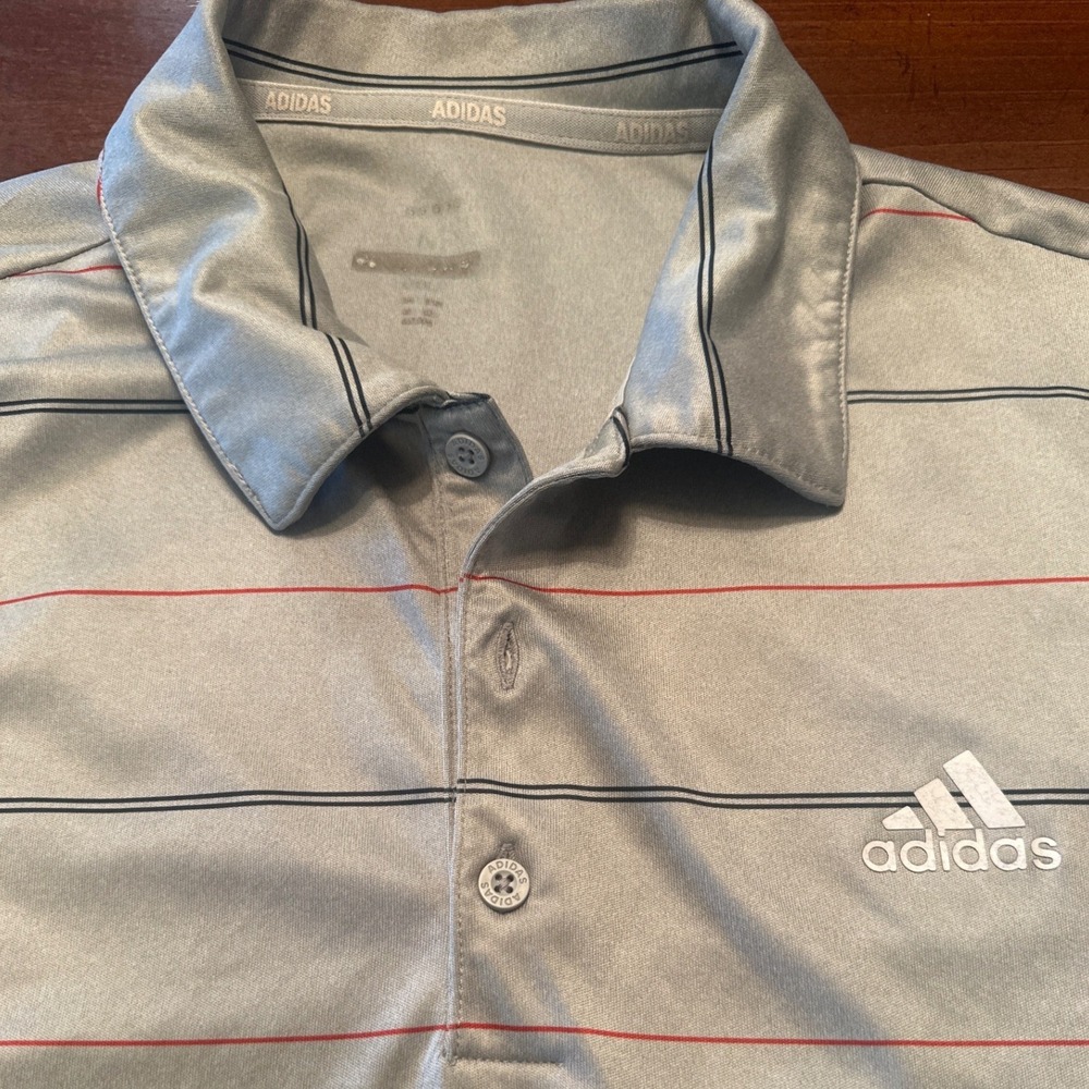 Adidas Polo Shirt Mens Medium Gray Excellent Striped Short Sleeve Golf Top